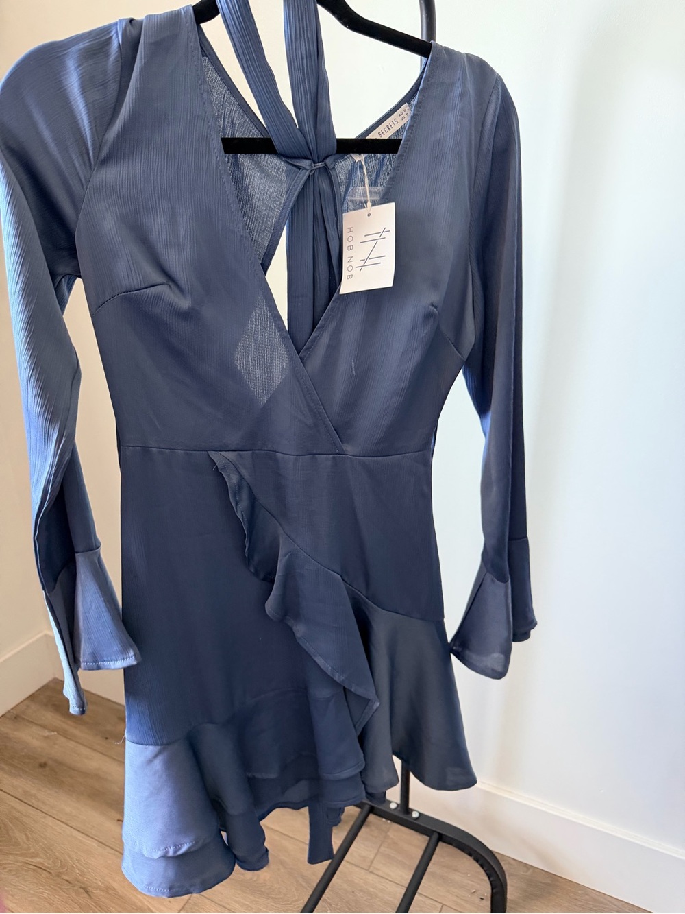 Wrap Ruffle Long-Sleeve Dress in Slate Blue